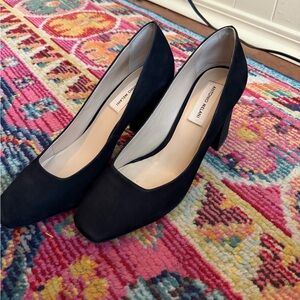 ANTONIO MELANI Black Suede Mid Block Heel Pumps